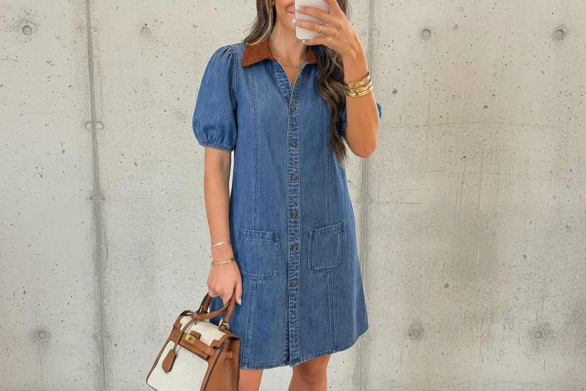 Denim Short Puff Sleeve Collared Mini Dress made by eAura