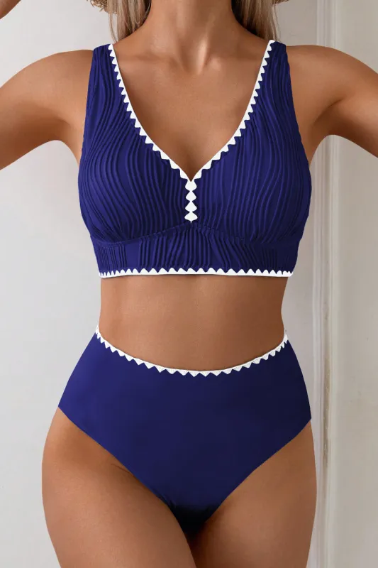 Shell Stitched Trim V-Neck Textured High Waist Bikini made by eAura