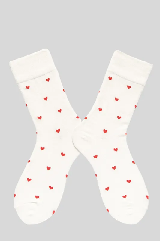 White With Red Hearts Pattern Crew Socks made by eAura