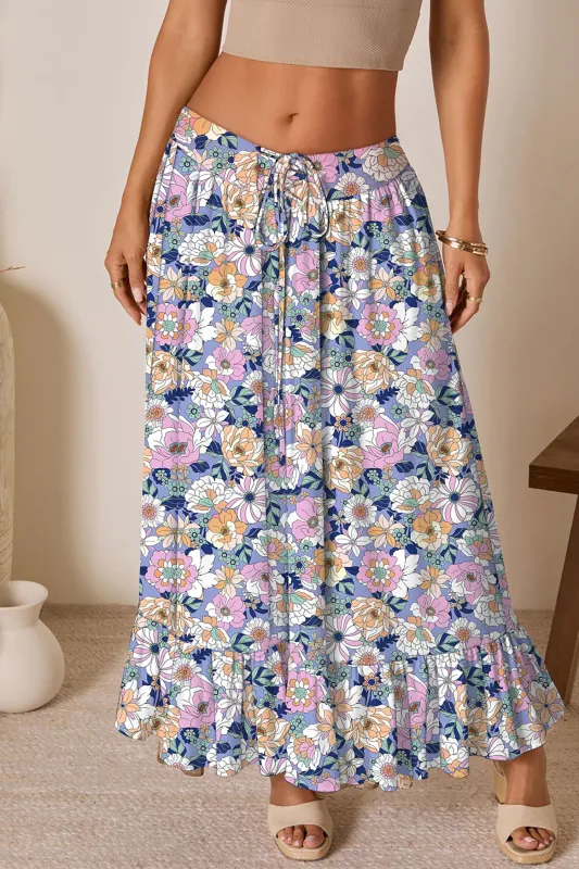 Pink Floral Print Lace-up High Waist Ruffle Hem Maxi Skirt made by eAura