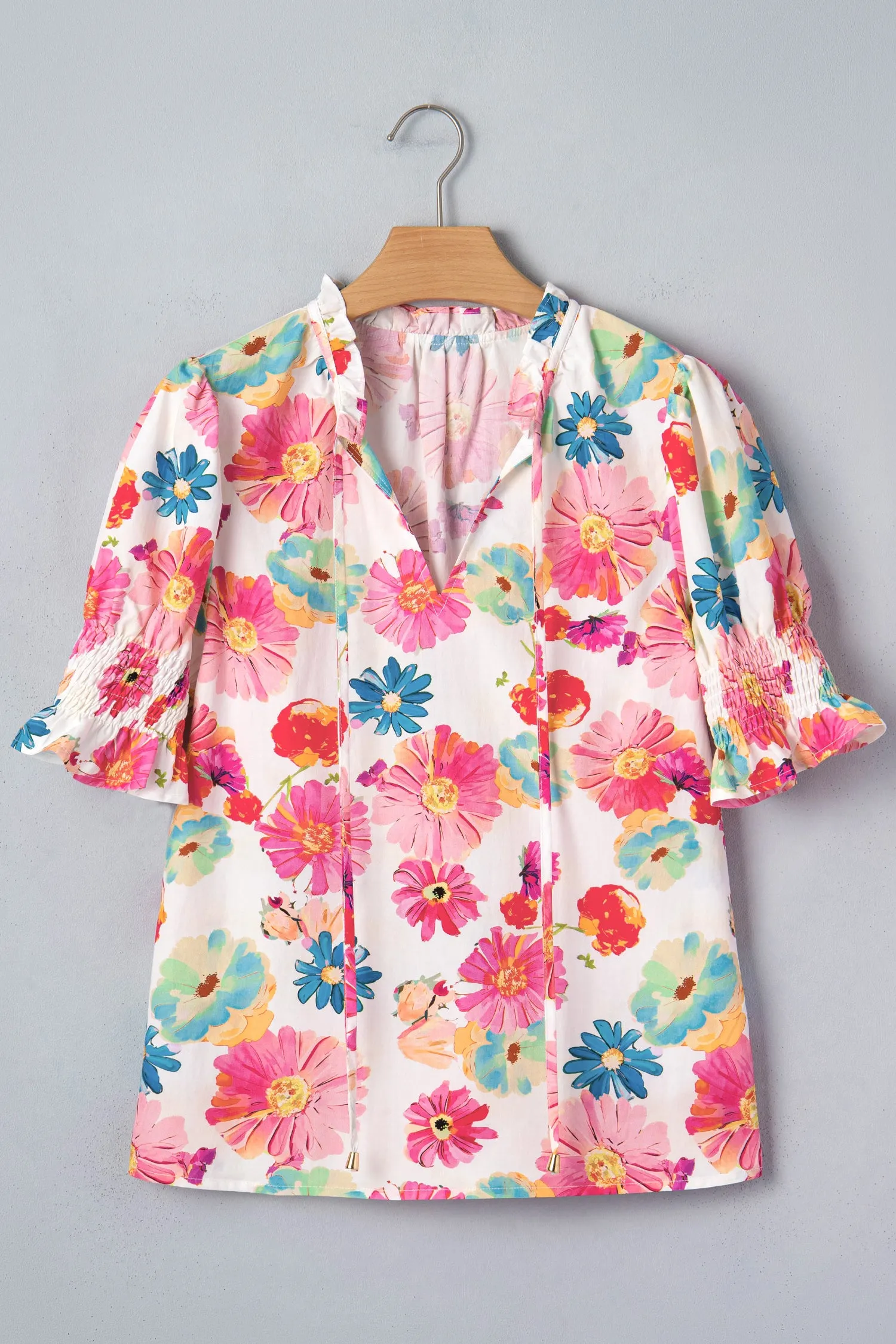 Vibrant Summer Floral Tie V-Neck Short Puff Sleeve Blouse sold by Beagle Boutique product image thumbnail 4