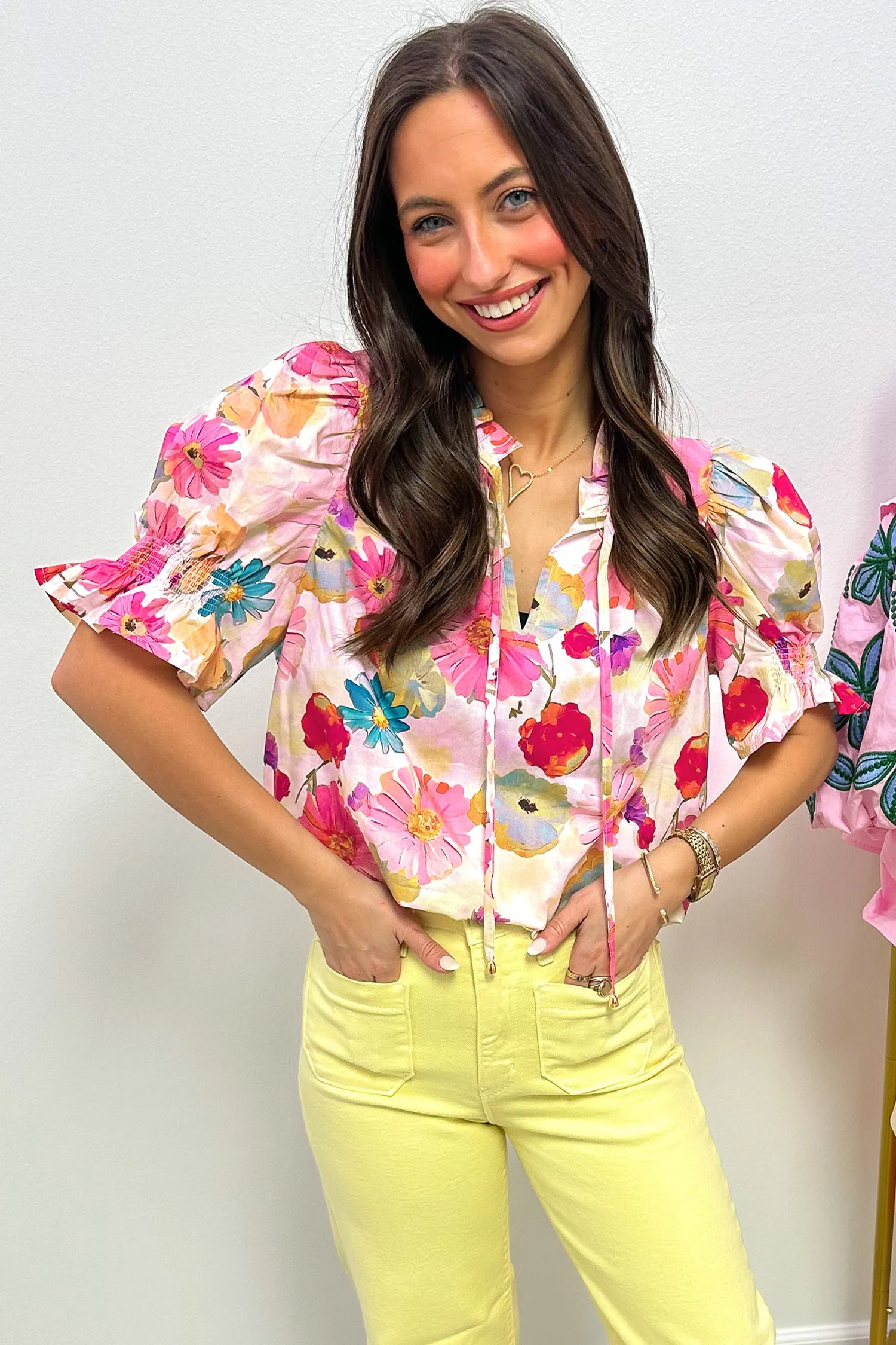 Vibrant Summer Floral Tie V-Neck Short Puff Sleeve Blouse sold by Beagle Boutique product image thumbnail 2