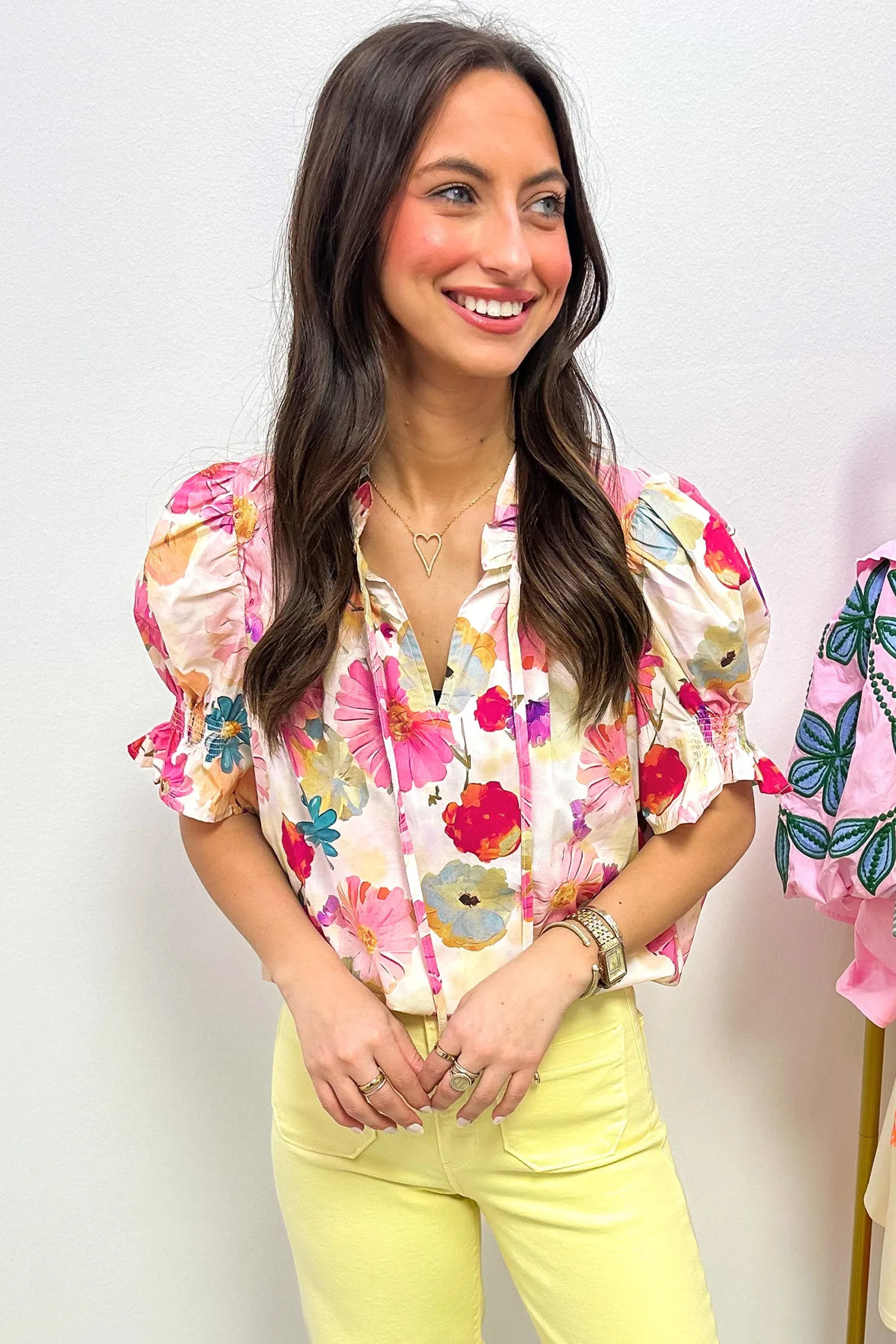 Vibrant Summer Floral Tie V-Neck Short Puff Sleeve Blouse sold by Beagle Boutique product image thumbnail 3
