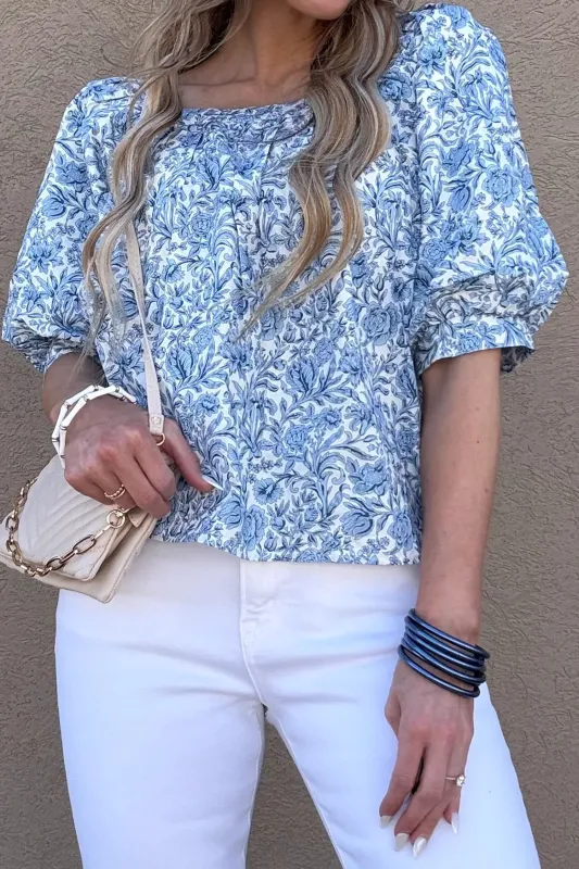 Square Neck Short Puff Sleeve Pleated Floral Blouse made by eAura