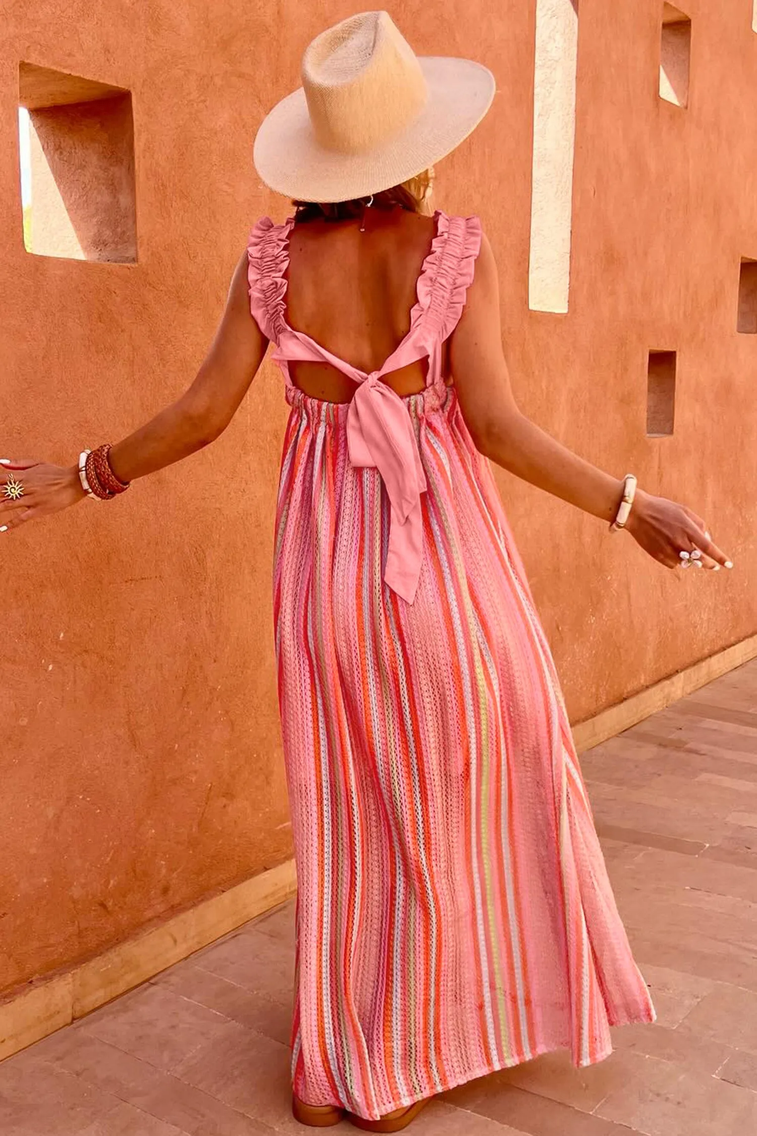 Stripe Ruffled Straps Ribbon Knot Flowy Holiday Maxi Dress sold by Beagle Boutique product image thumbnail 2