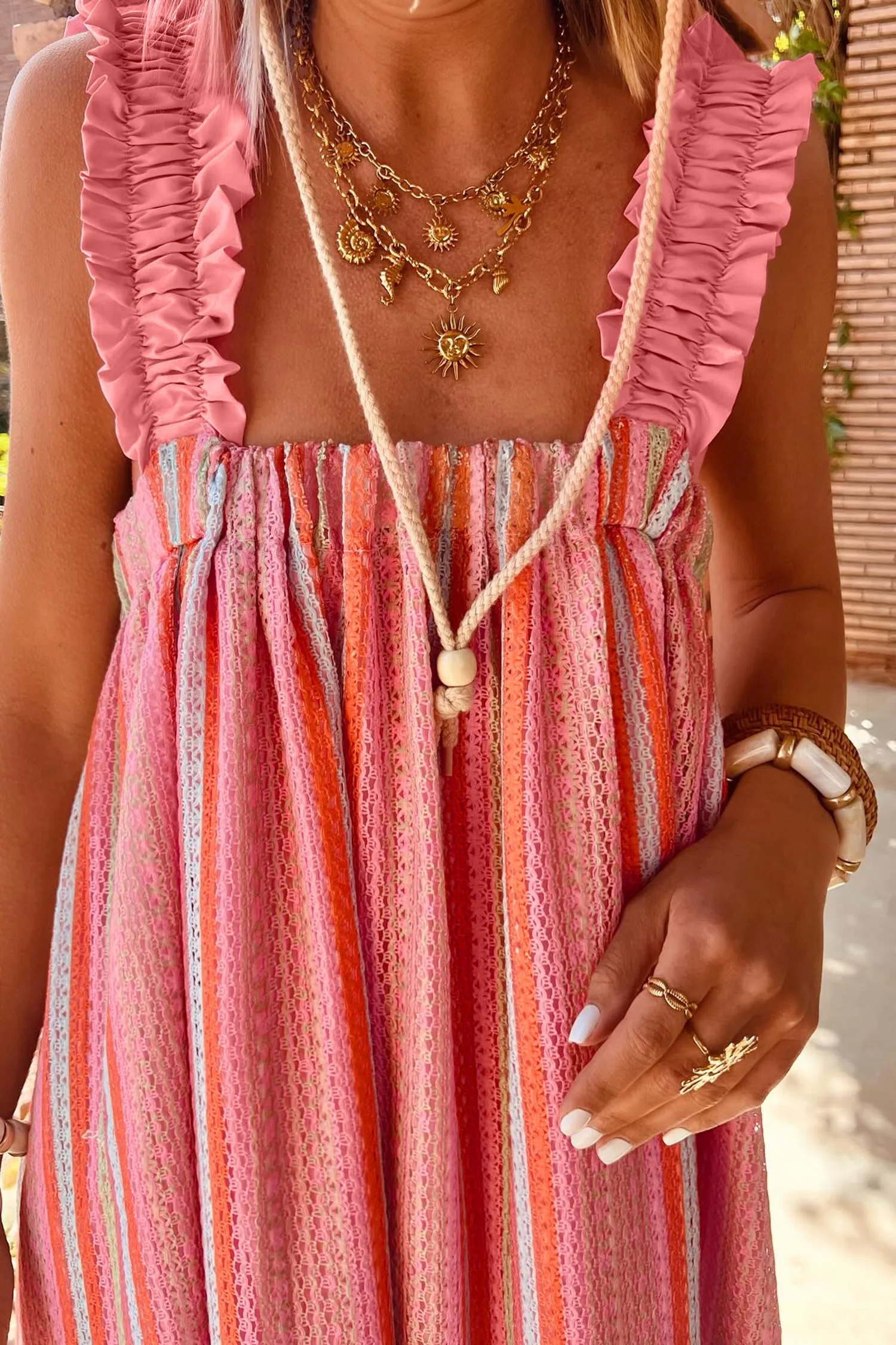 Stripe Ruffled Straps Ribbon Knot Flowy Holiday Maxi Dress sold by Beagle Boutique product image thumbnail 3