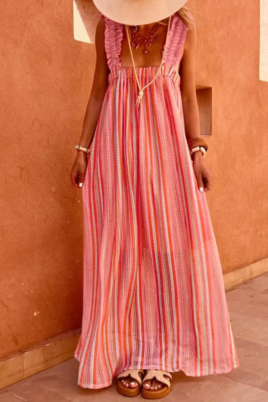 Stripe Ruffled Straps Ribbon Knot Flowy Holiday Maxi Dress made by eAura