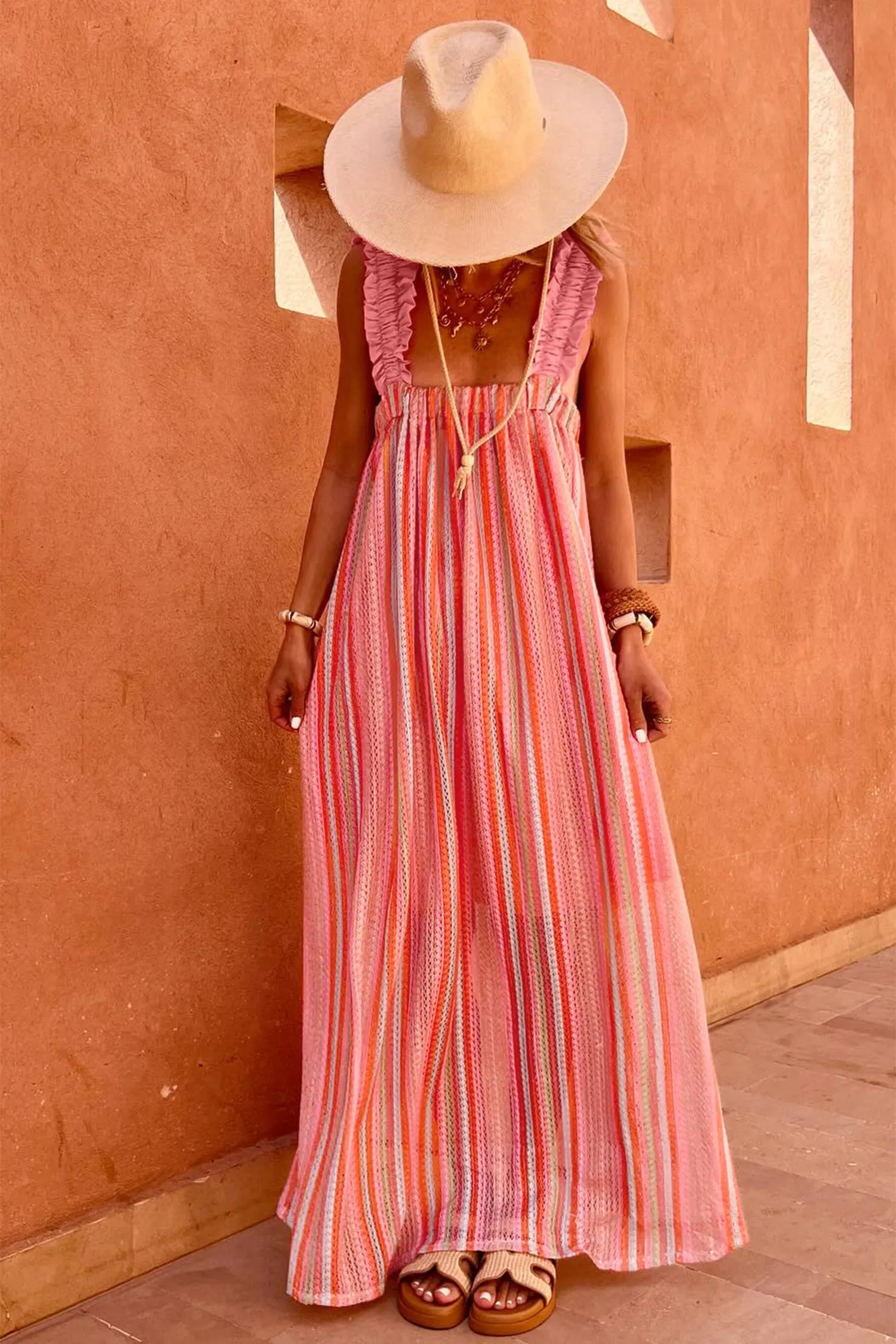 Stripe Ruffled Straps Ribbon Knot Flowy Holiday Maxi Dress sold by Beagle Boutique product image thumbnail 5