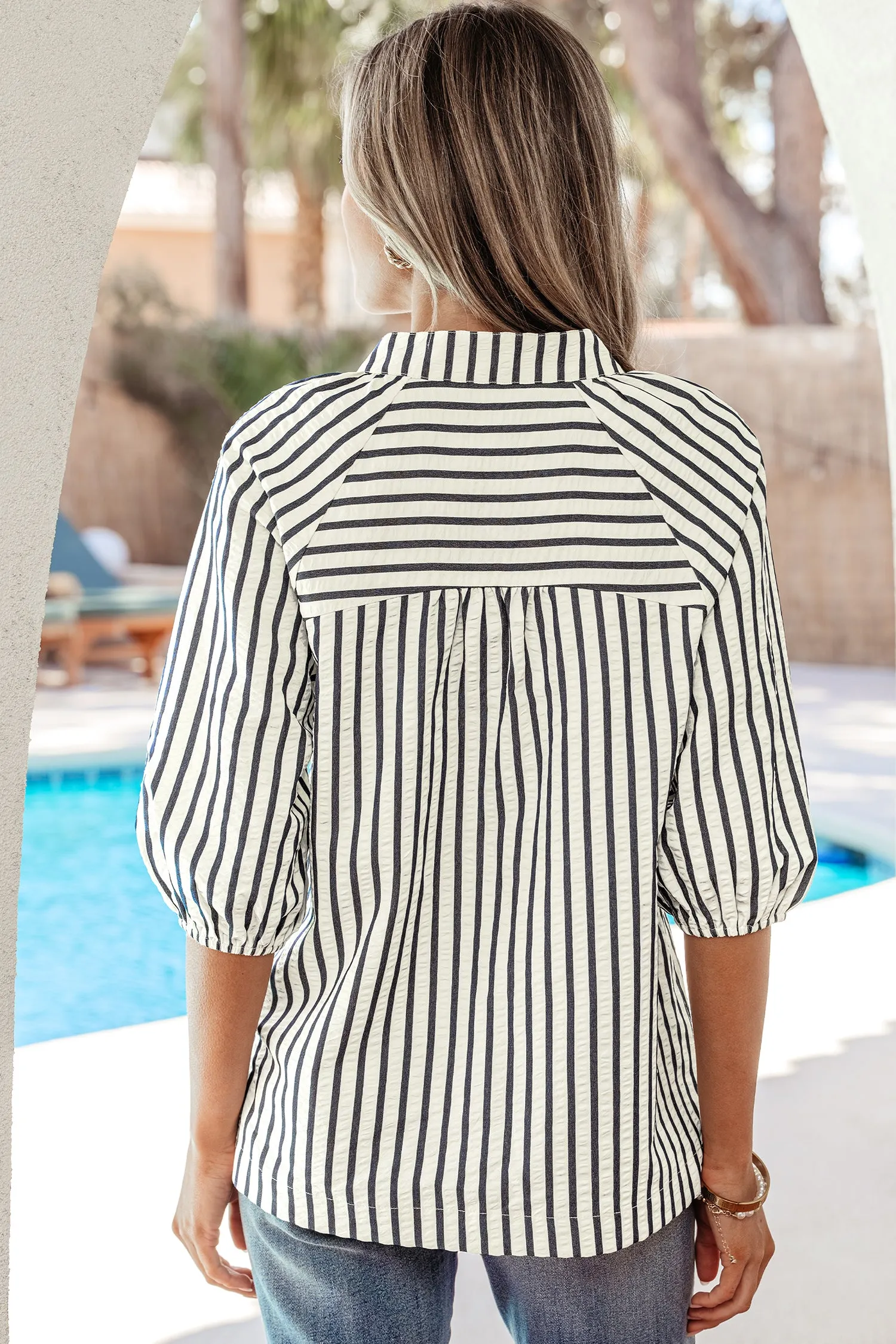 Stripe Floral Embroidered Detail V-Neck Short Sleeve Blouse sold by Beagle Boutique product image thumbnail 2
