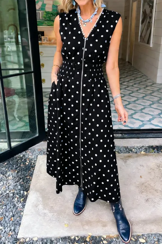 Polka Dot Print Contrast Trim V-Neck Zip Up Sleeveless Dress made by Beagle Boutique