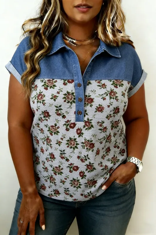 Retro Floral Print Denim Patchwork Plus Size Polo Tee made by eAura