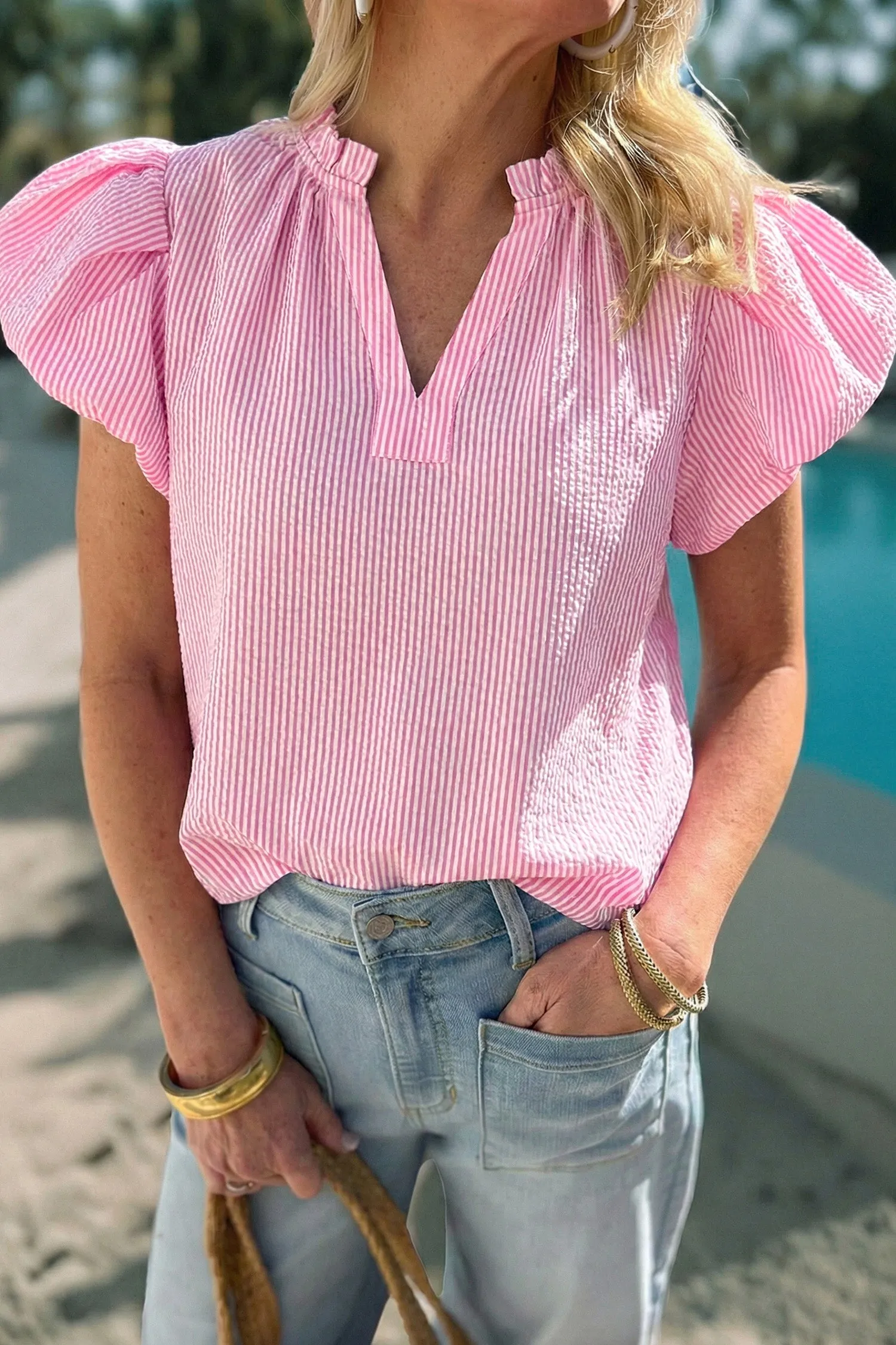 Stripe Short Bubble Sleeve Split V Neck Blouse sold by Beagle Boutique