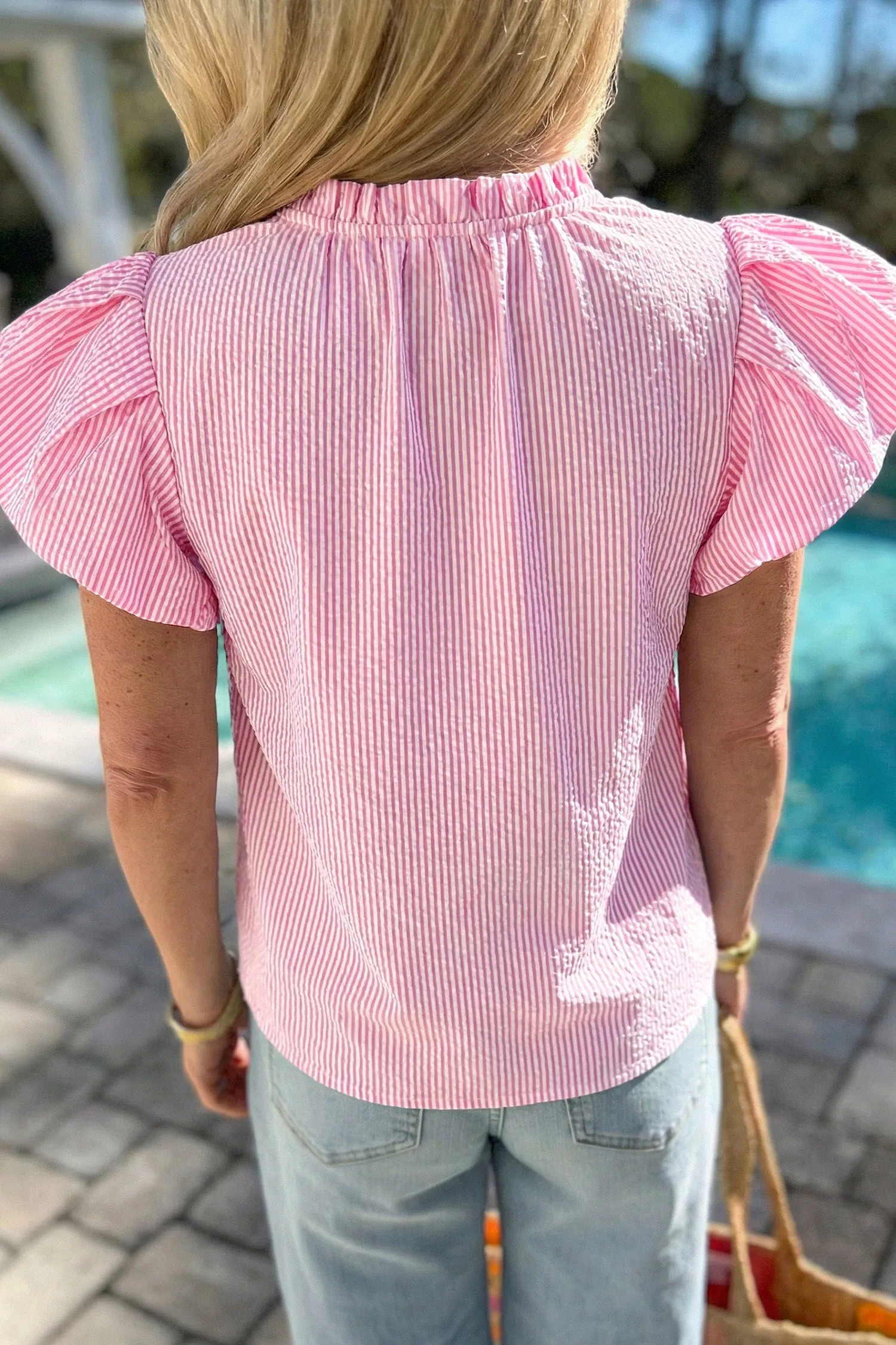 Stripe Short Bubble Sleeve Split V Neck Blouse sold by Beagle Boutique product image thumbnail 2