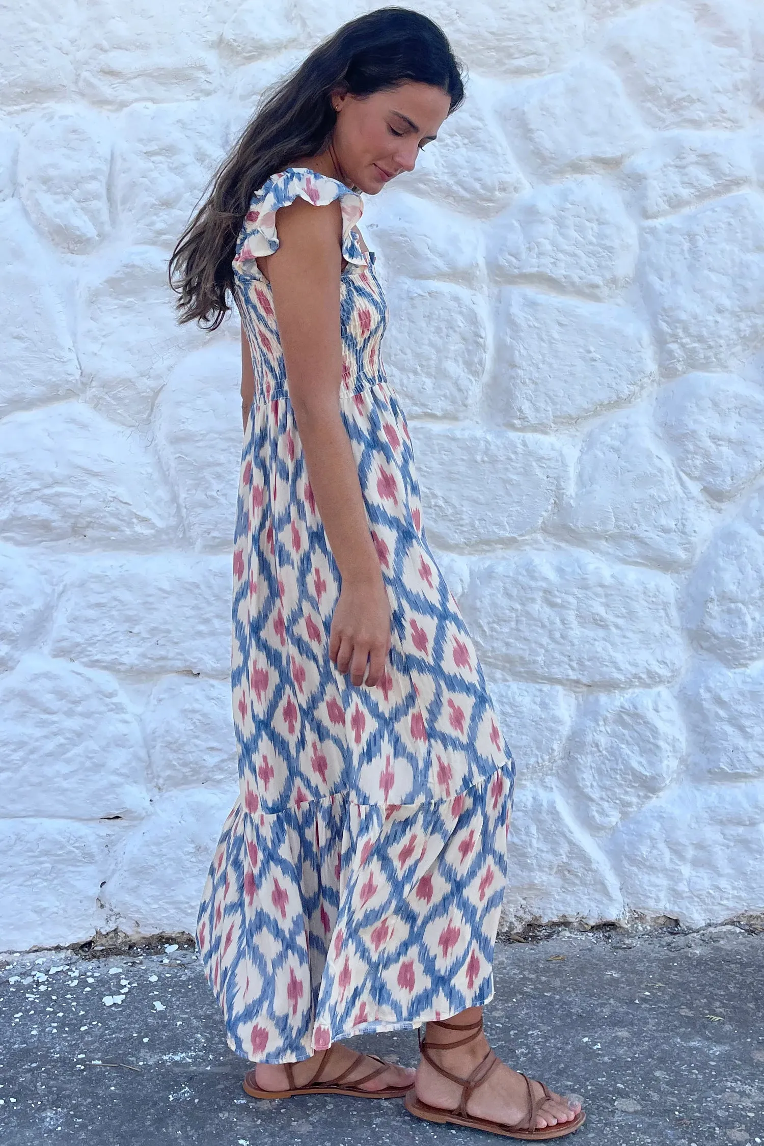 Geometric Print Square Neck Smocked High Waist Ruffle Sleeve Dress sold by Beagle Boutique product image thumbnail 2