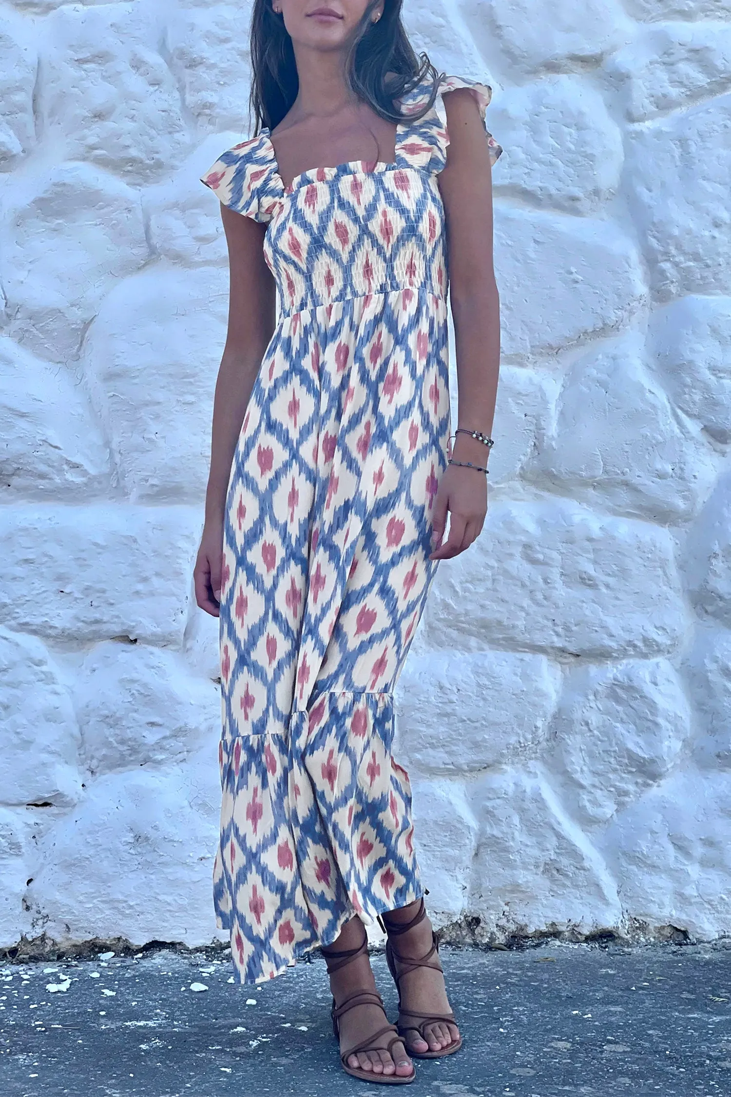 Geometric Print Square Neck Smocked High Waist Ruffle Sleeve Dress sold by Beagle Boutique