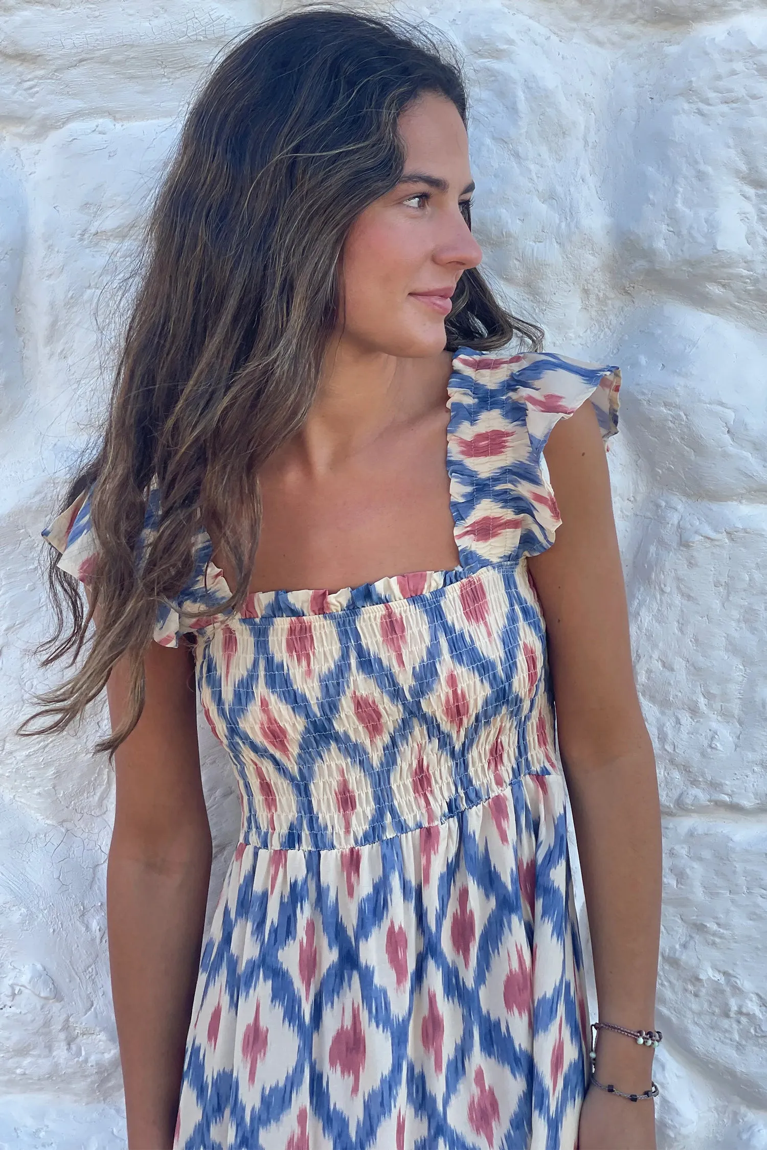 Geometric Print Square Neck Smocked High Waist Ruffle Sleeve Dress sold by Beagle Boutique product image thumbnail 3