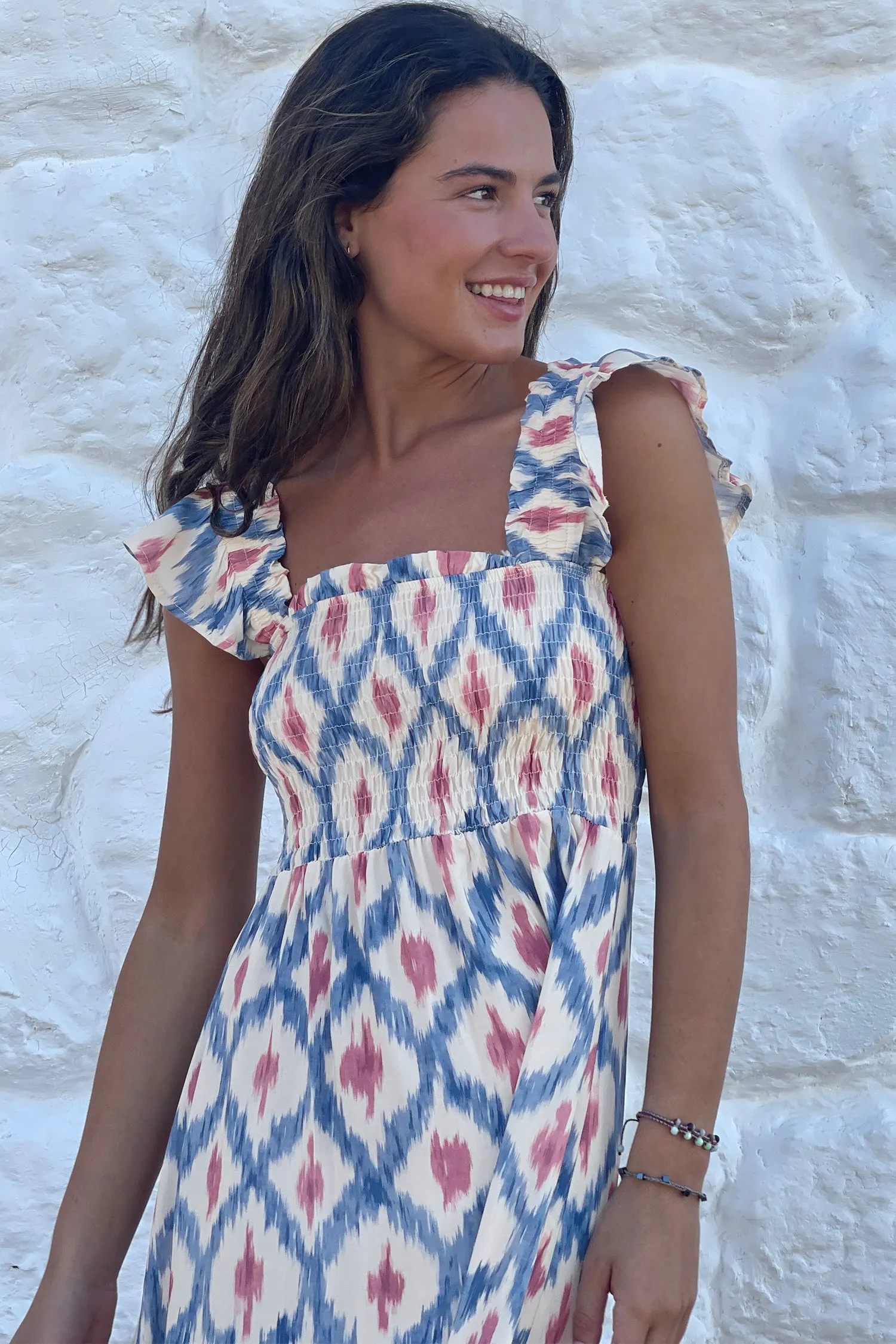 Geometric Print Square Neck Smocked High Waist Ruffle Sleeve Dress sold by Beagle Boutique product image thumbnail 5