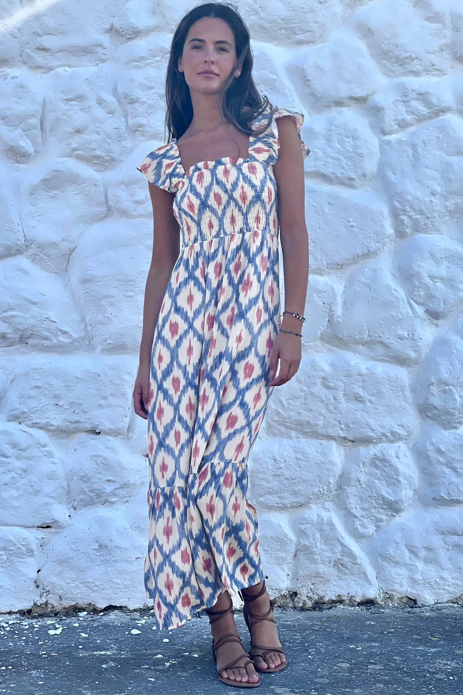 Geometric Print Square Neck Smocked High Waist Ruffle Sleeve Dress sold by Beagle Boutique product image thumbnail 4