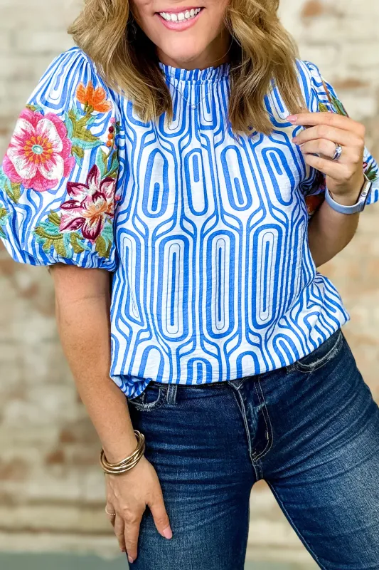 Unique Geometry Print Floral Embroidered Puff Sleeve Blouse made by eAura