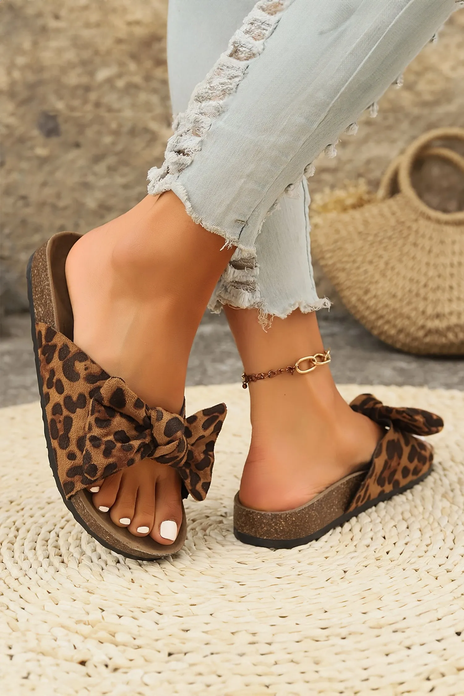 Coffee Leopard Bow Retro Cork Sandals sold by Beagle Boutique product image thumbnail 2