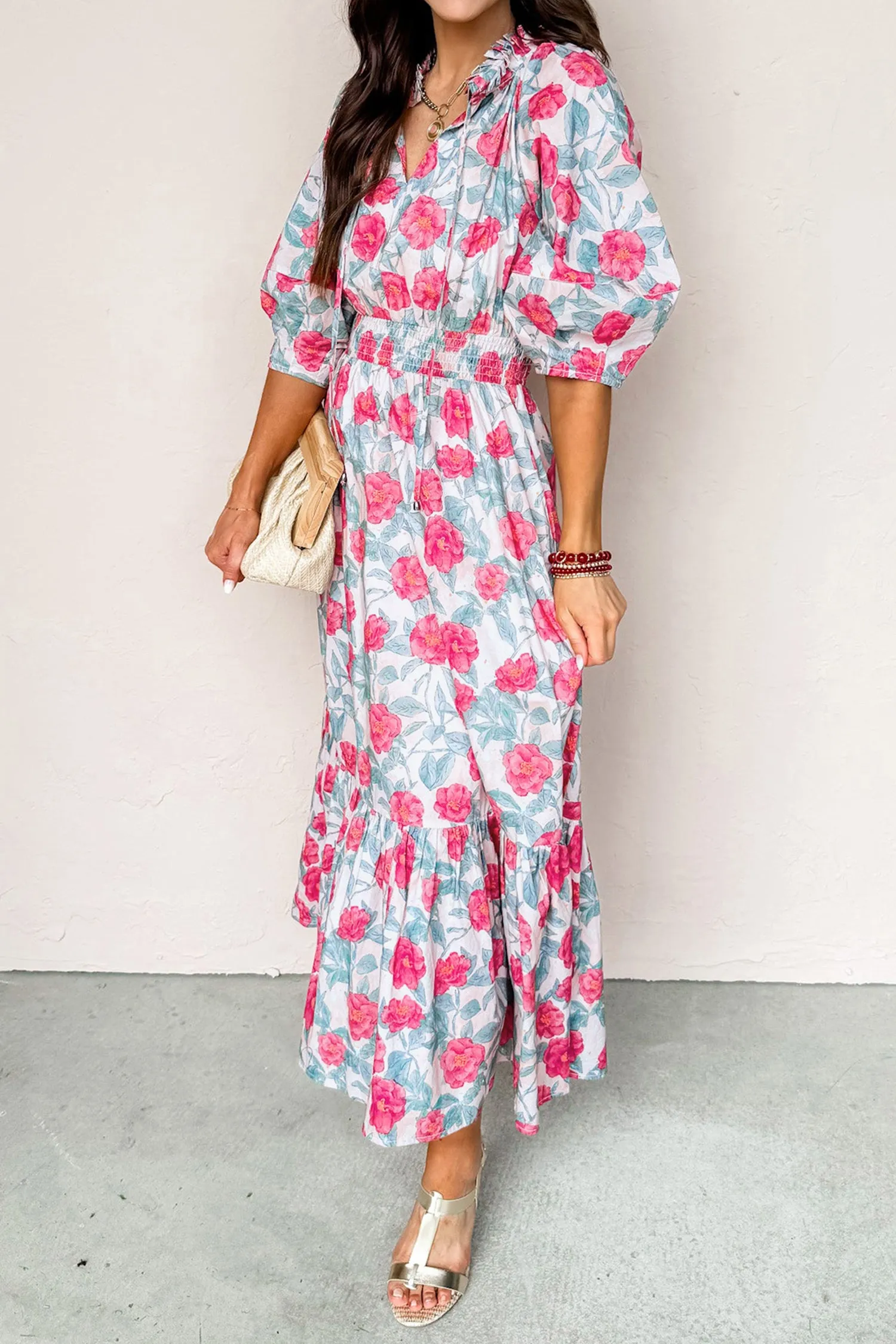 Floral Tie V-Neck Puff Sleeve Ruffle Tiered Midi Dress sold by Beagle Boutique product image thumbnail 4
