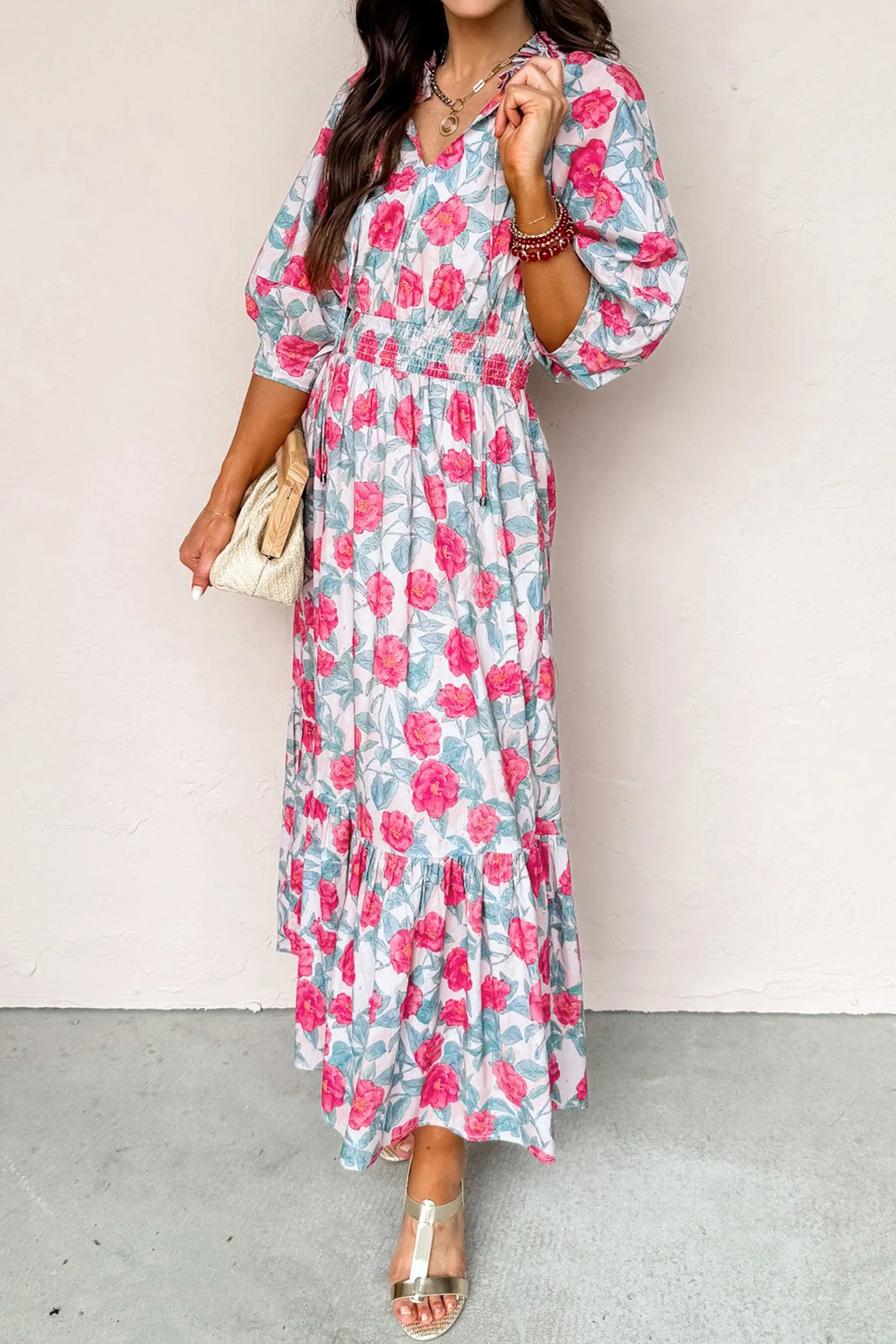 Floral Tie V-Neck Puff Sleeve Ruffle Tiered Midi Dress sold by Beagle Boutique product image thumbnail 5