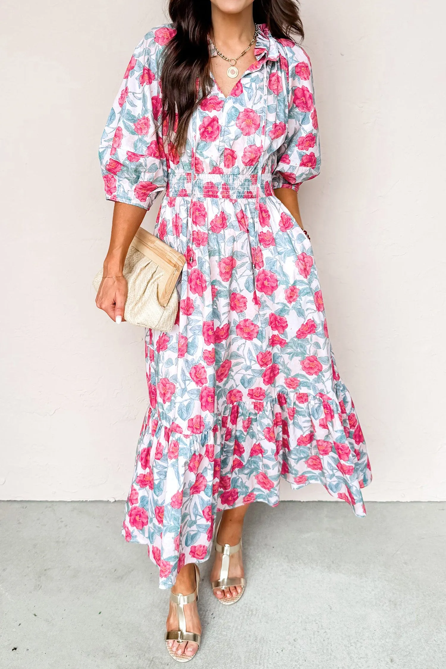 Floral Tie V-Neck Puff Sleeve Ruffle Tiered Midi Dress sold by Beagle Boutique
