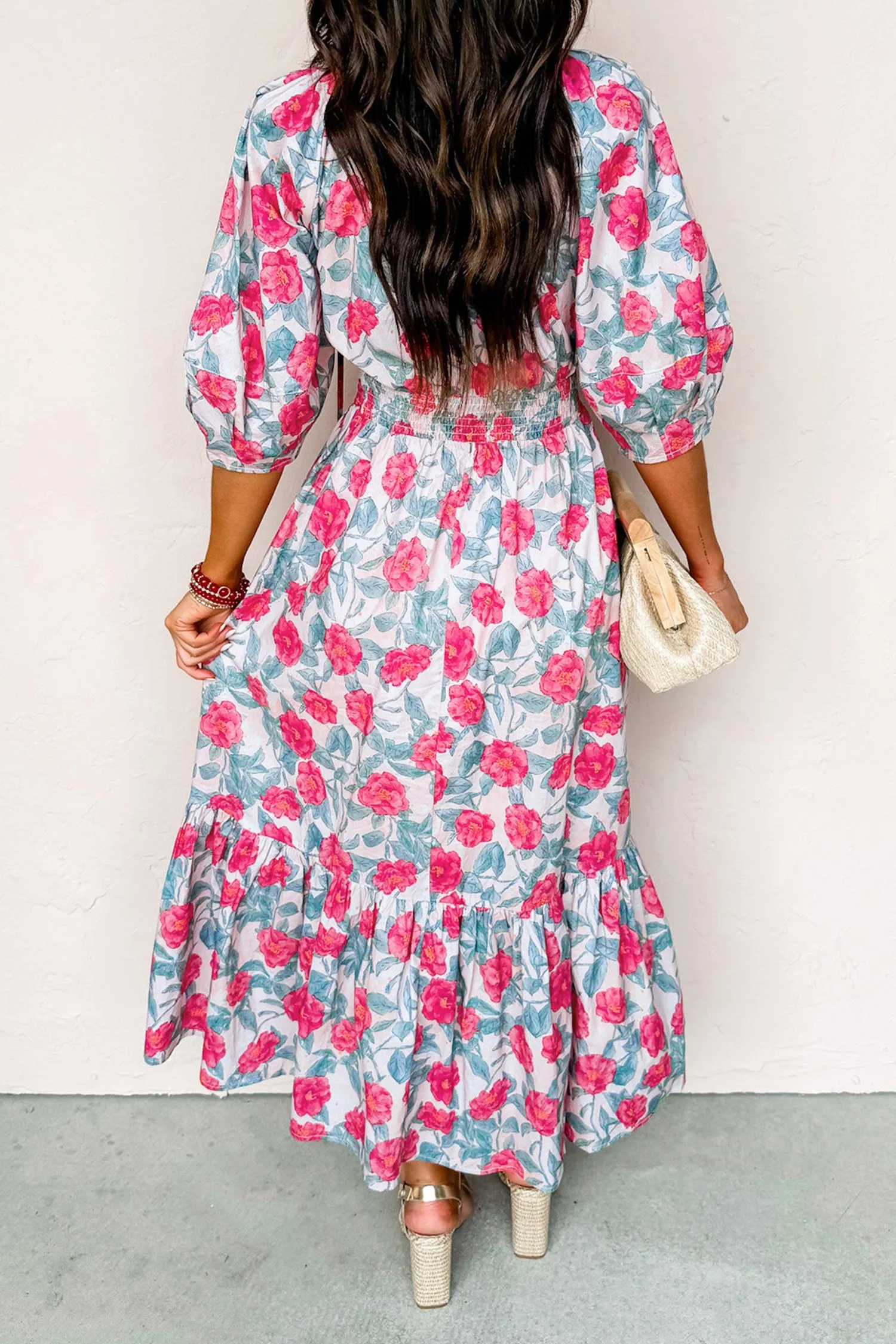 Floral Tie V-Neck Puff Sleeve Ruffle Tiered Midi Dress sold by Beagle Boutique product image thumbnail 2