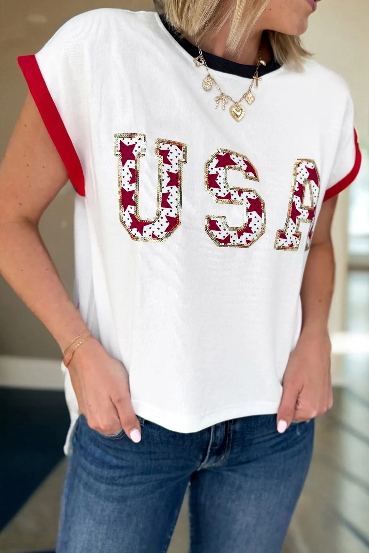 USA Sequin Colour Block Loose T-Shirt sold by Beagle Boutique product image thumbnail 2