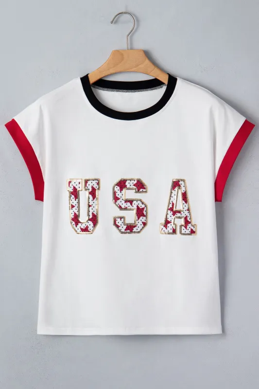 USA Sequin Colour Block Loose T-Shirt made by eAura