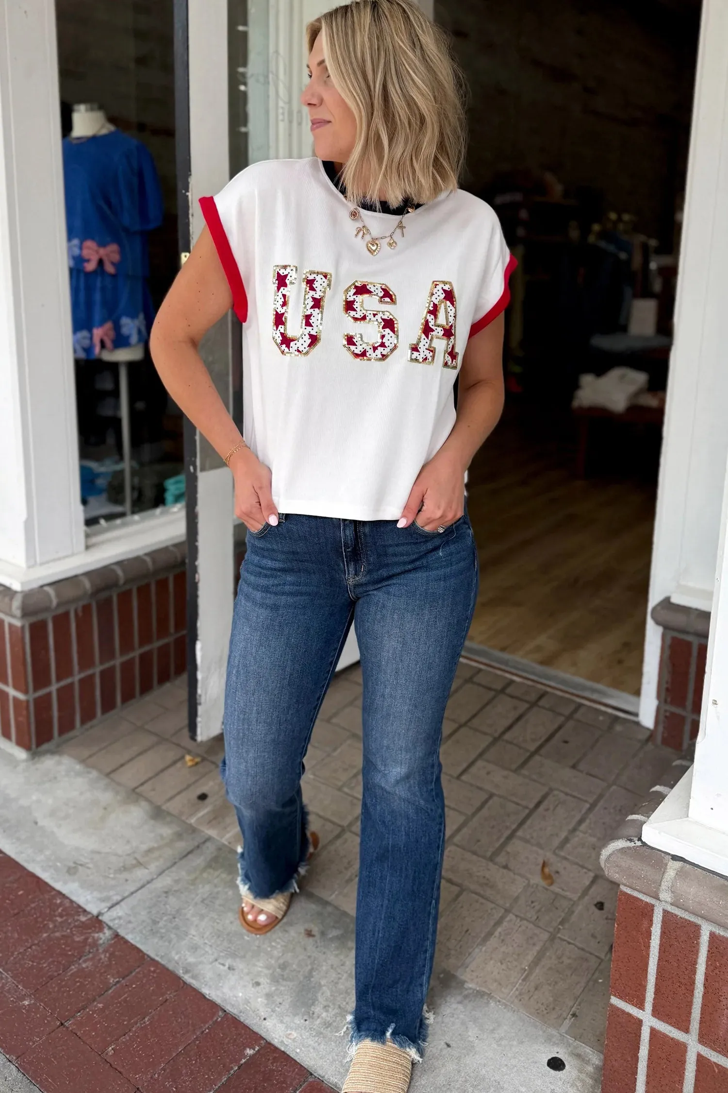 USA Sequin Colour Block Loose T-Shirt sold by Beagle Boutique product image thumbnail 5