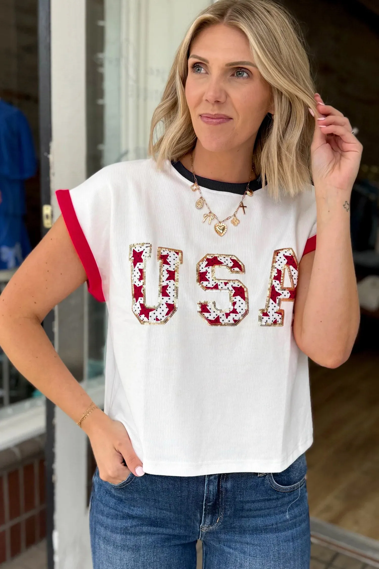 USA Sequin Colour Block Loose T-Shirt sold by Beagle Boutique product image thumbnail 4