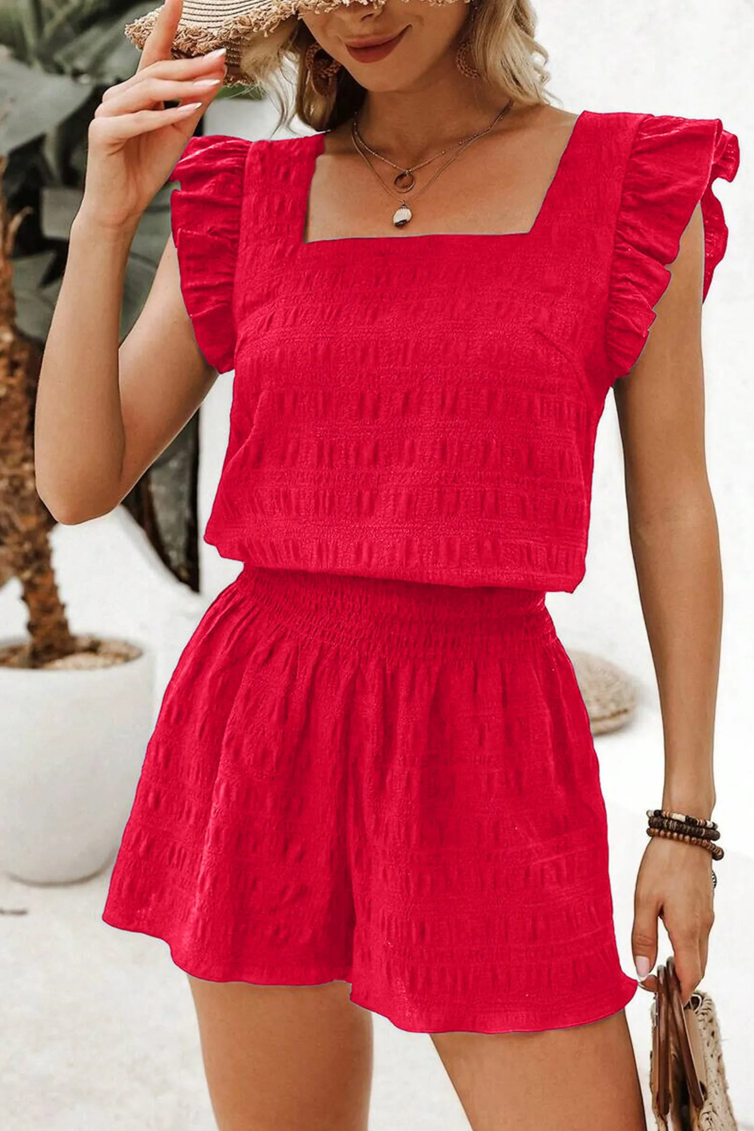 Textured Square Neck Top & Shirred High Waist Shorts Co-ord Set sold by Beagle Boutique product image thumbnail 4