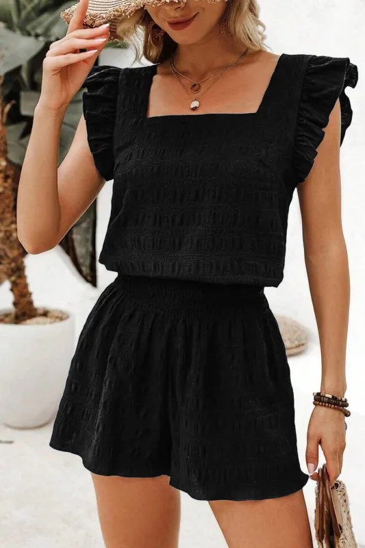 Textured Square Neck Top & Shirred High Waist Shorts Co-ord Set made by eAura