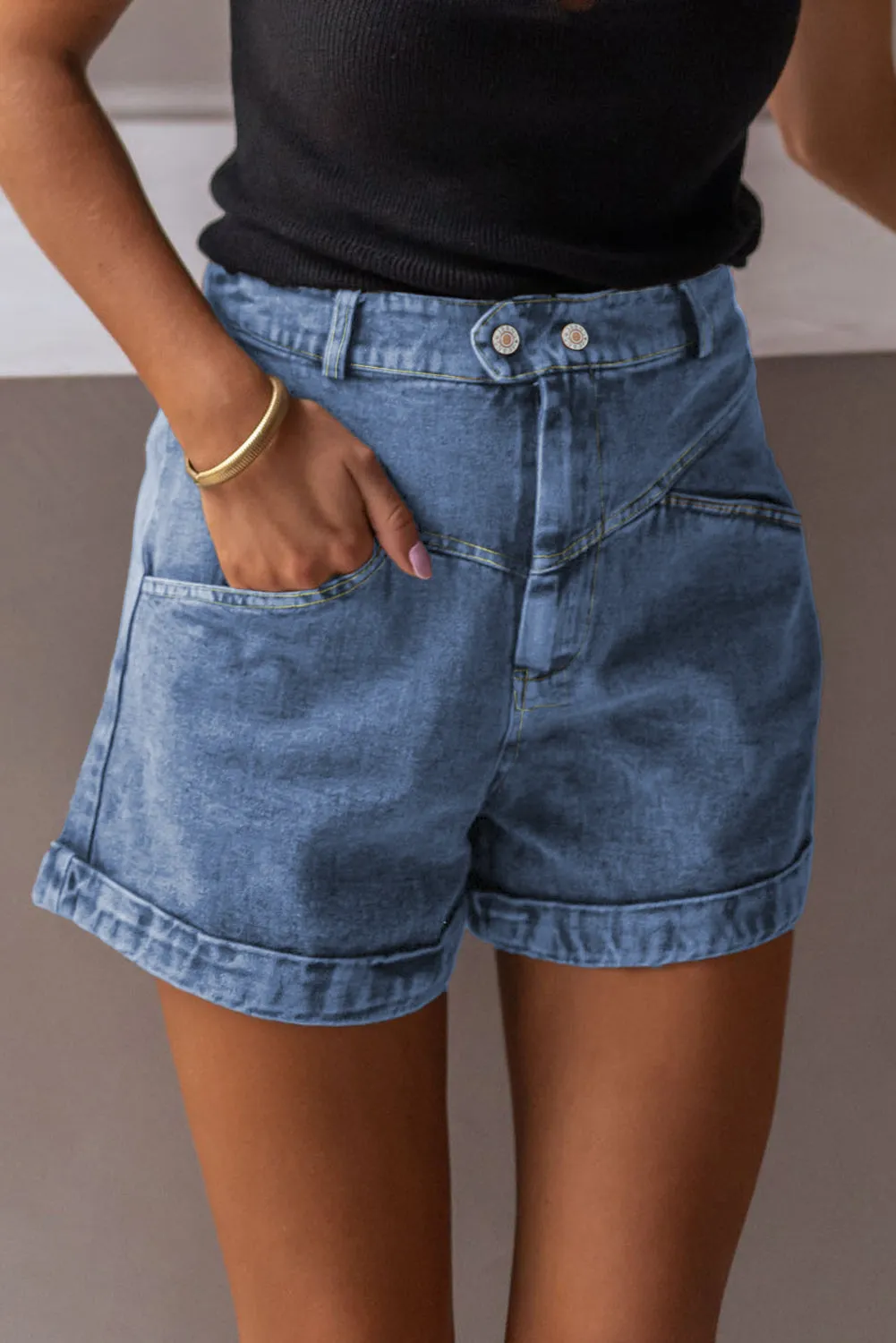 Cuffed Hem Denim Shorts with Seam Detail & Pockets sold by Beagle Boutique product image thumbnail 5