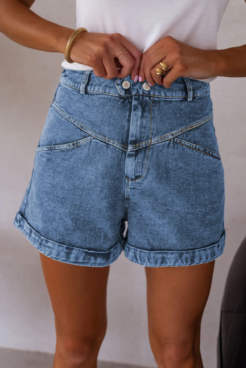 Cuffed Hem Denim Shorts with Seam Detail & Pockets sold by Beagle Boutique product image thumbnail 2