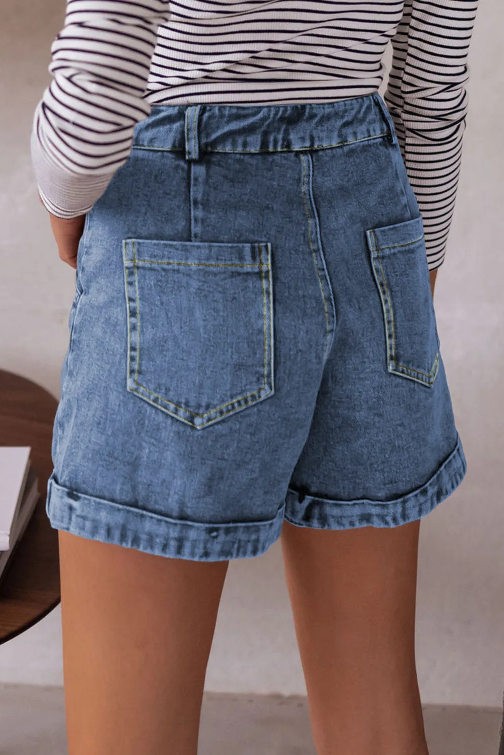 Cuffed Hem Denim Shorts with Seam Detail & Pockets sold by Beagle Boutique product image thumbnail 3