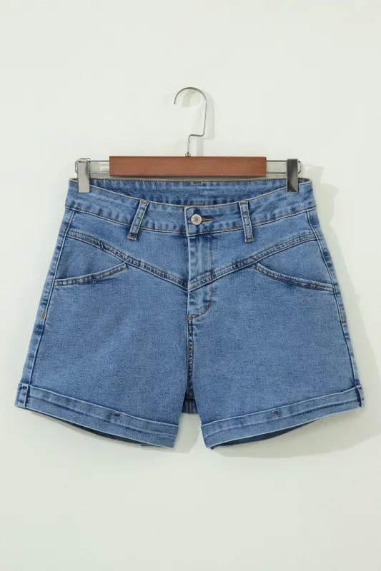 Cuffed Hem Denim Shorts with Seam Detail & Pockets made by eAura