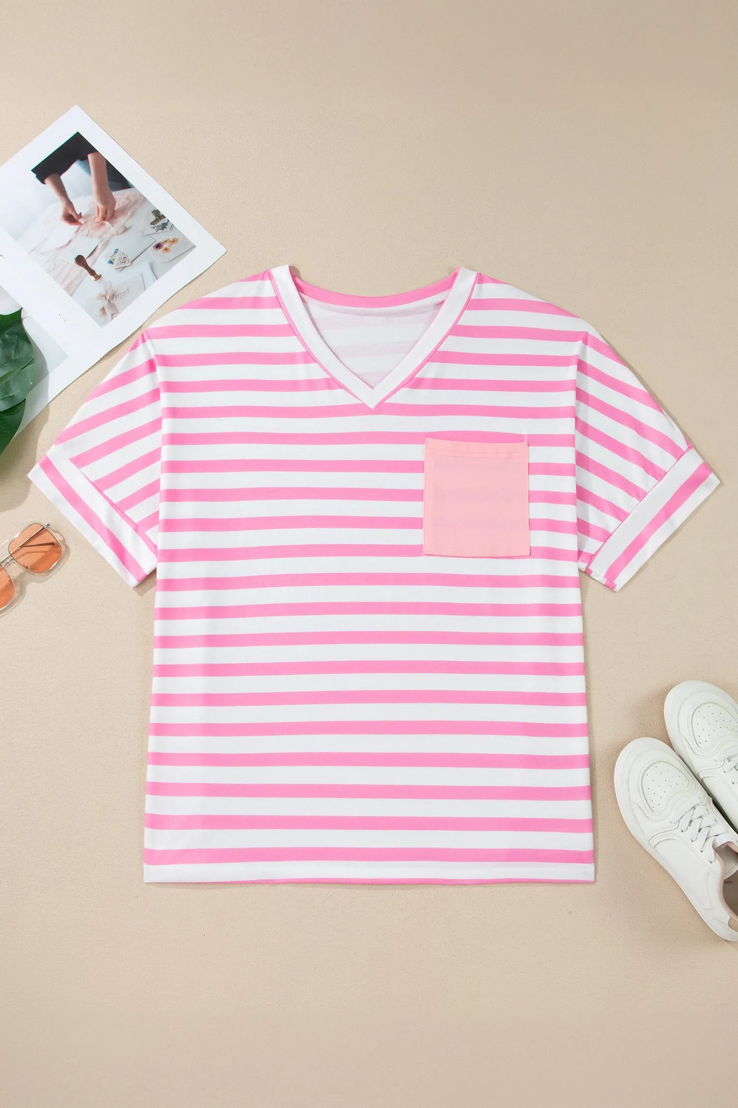 Plus Size Stripe Colourblock Patched Pocket V-Neck Tee sold by Beagle Boutique product image thumbnail 2