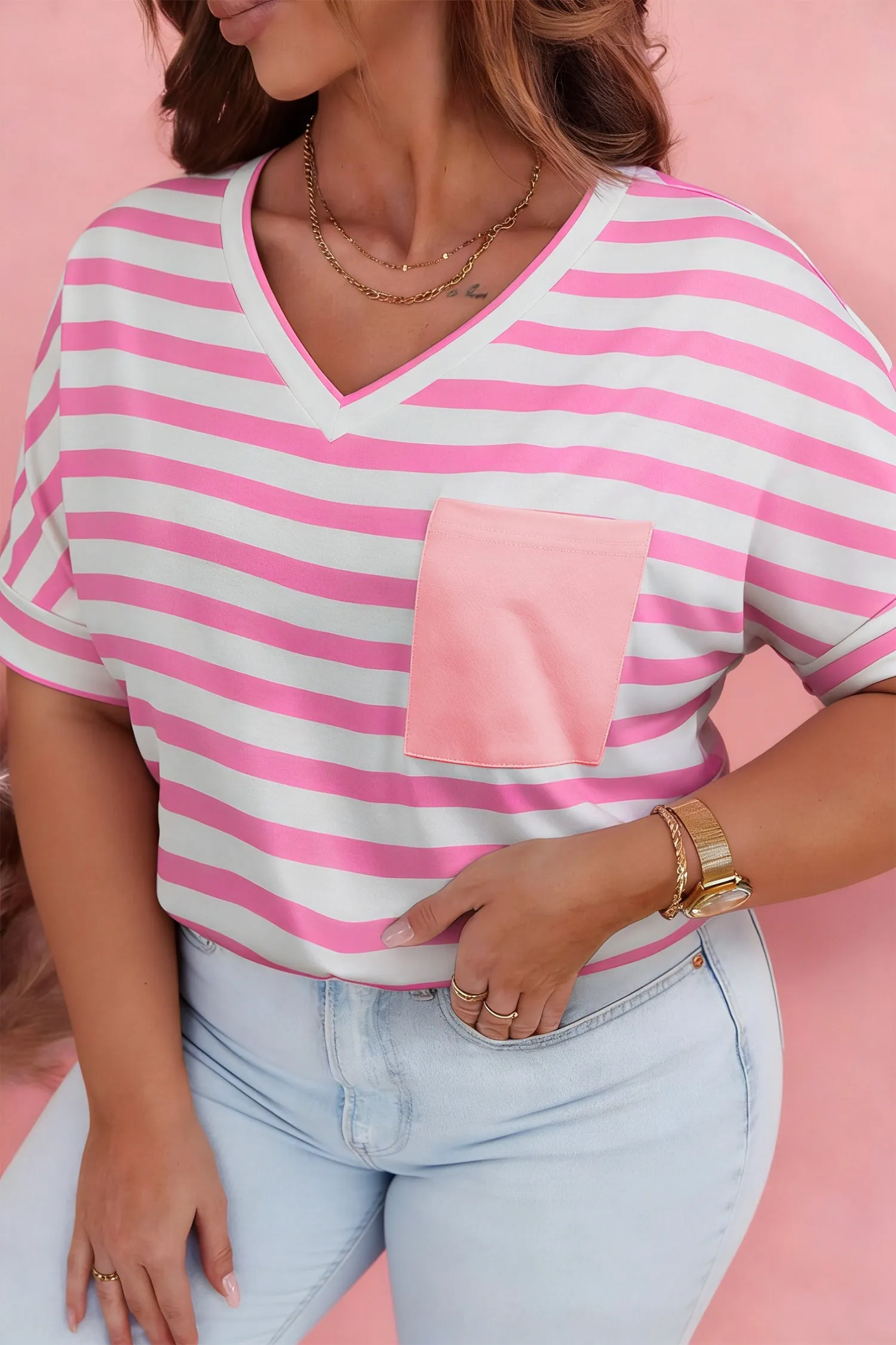 Plus Size Stripe Colourblock Patched Pocket V-Neck Tee sold by Beagle Boutique