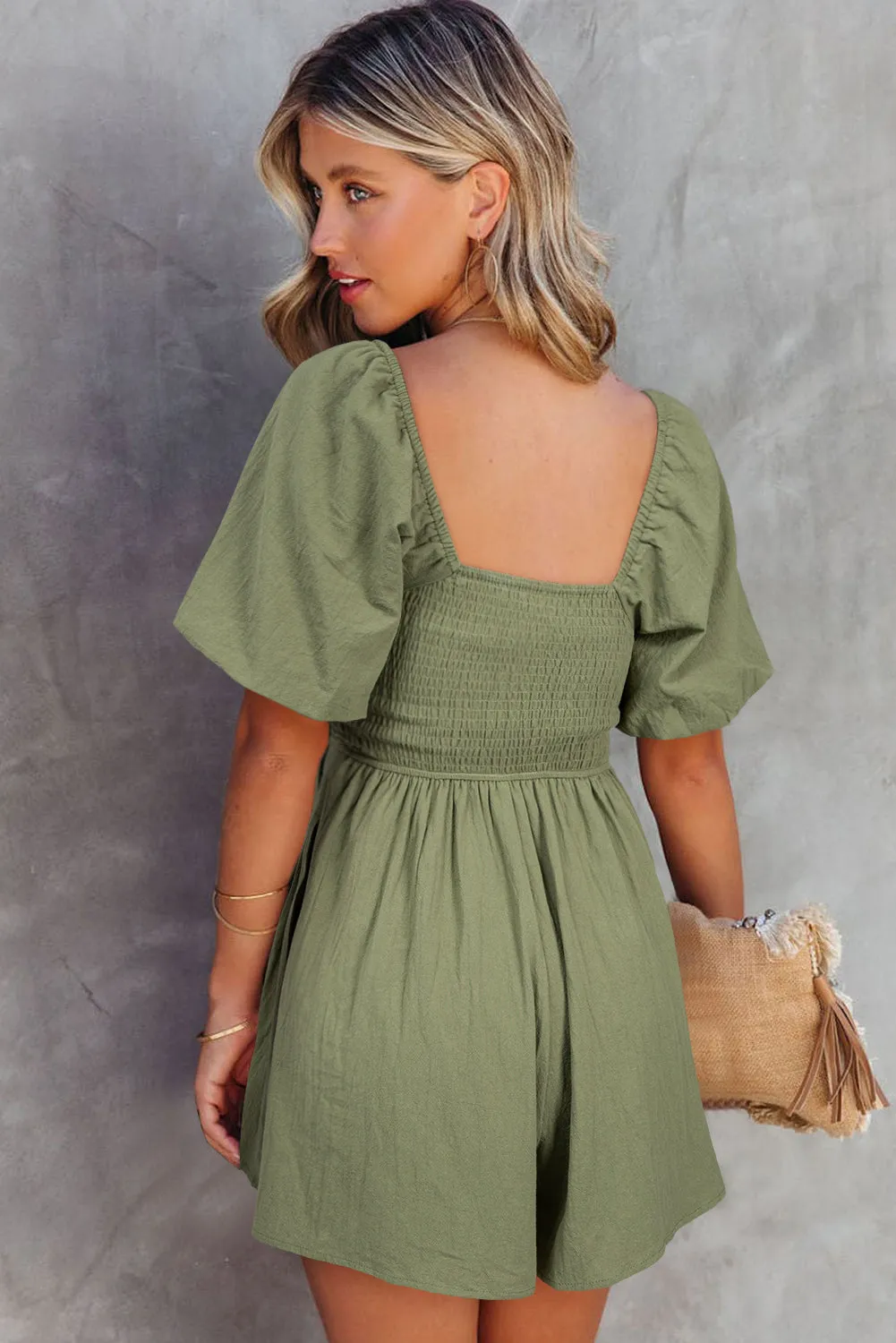 Square Neck Ruched Puff Sleeve Romper sold by Beagle Boutique product image thumbnail 2