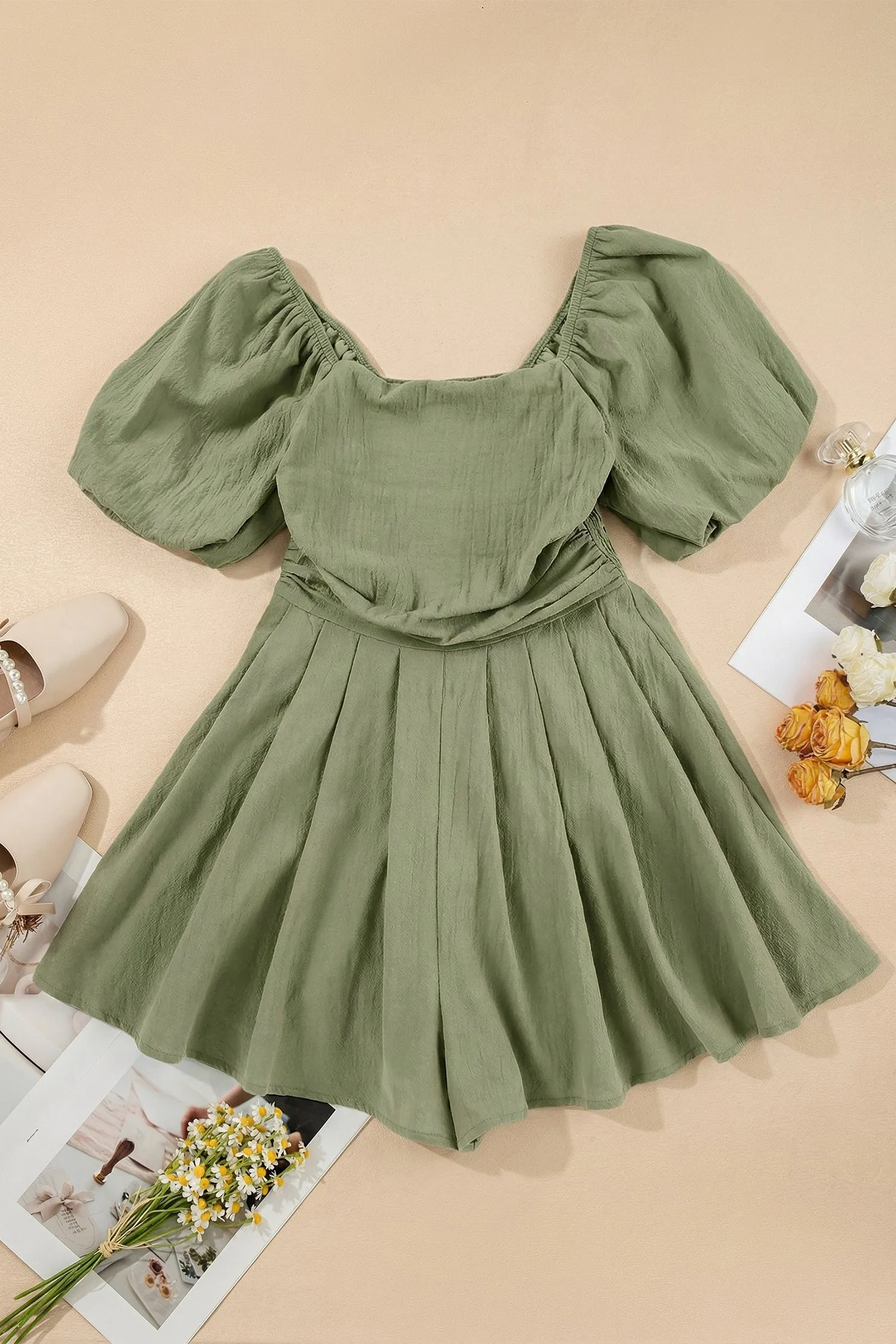Square Neck Ruched Puff Sleeve Romper sold by Beagle Boutique product image thumbnail 3