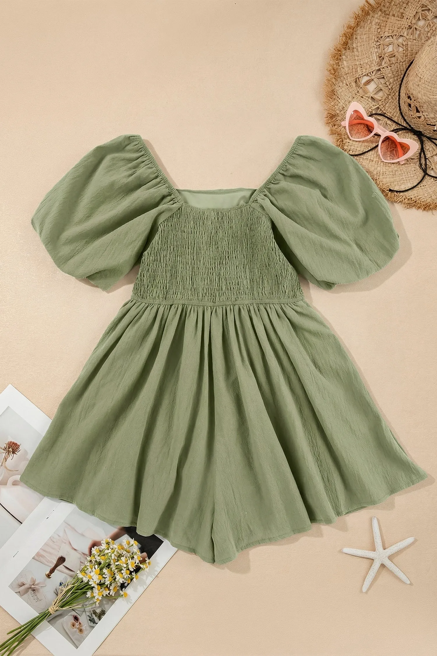 Square Neck Ruched Puff Sleeve Romper sold by Beagle Boutique product image thumbnail 4