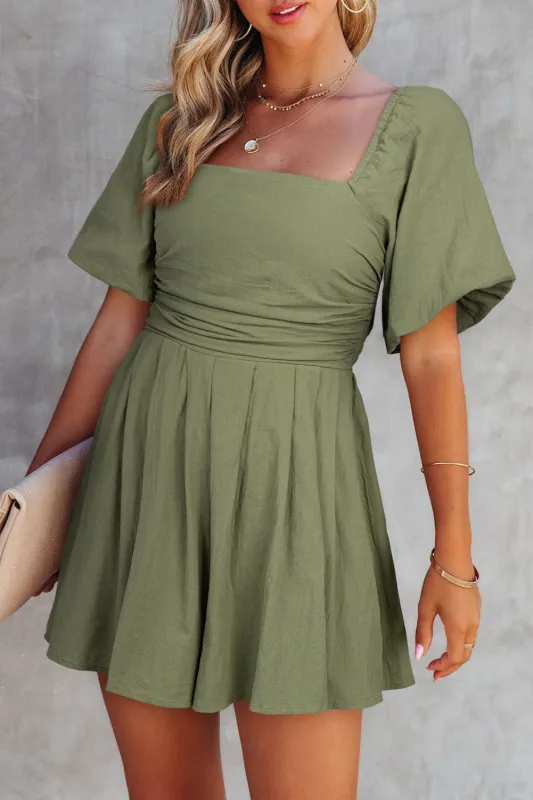 Square Neck Ruched Puff Sleeve Romper made by eAura