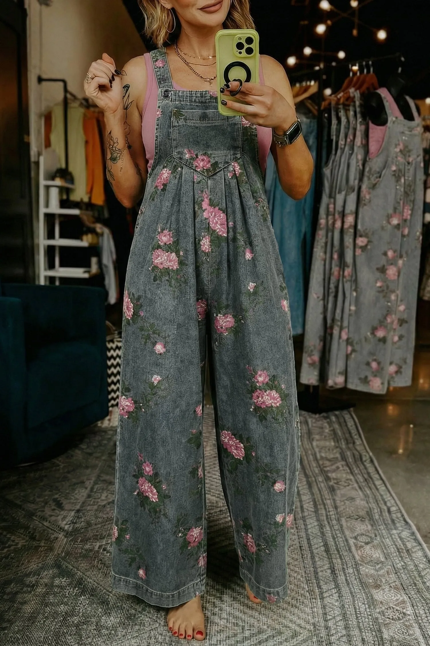 Floral Print Pleated Wide Leg Denim Jumpsuit – High Waist sold by Beagle Boutique product image thumbnail 4