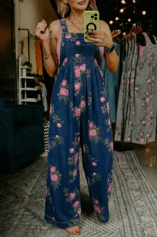 Floral Print Pleated Wide Leg Denim Jumpsuit – High Waist made by eAura