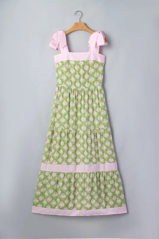 Floral Print Striped Knot Strap Maxi Dress – Green made by eAura