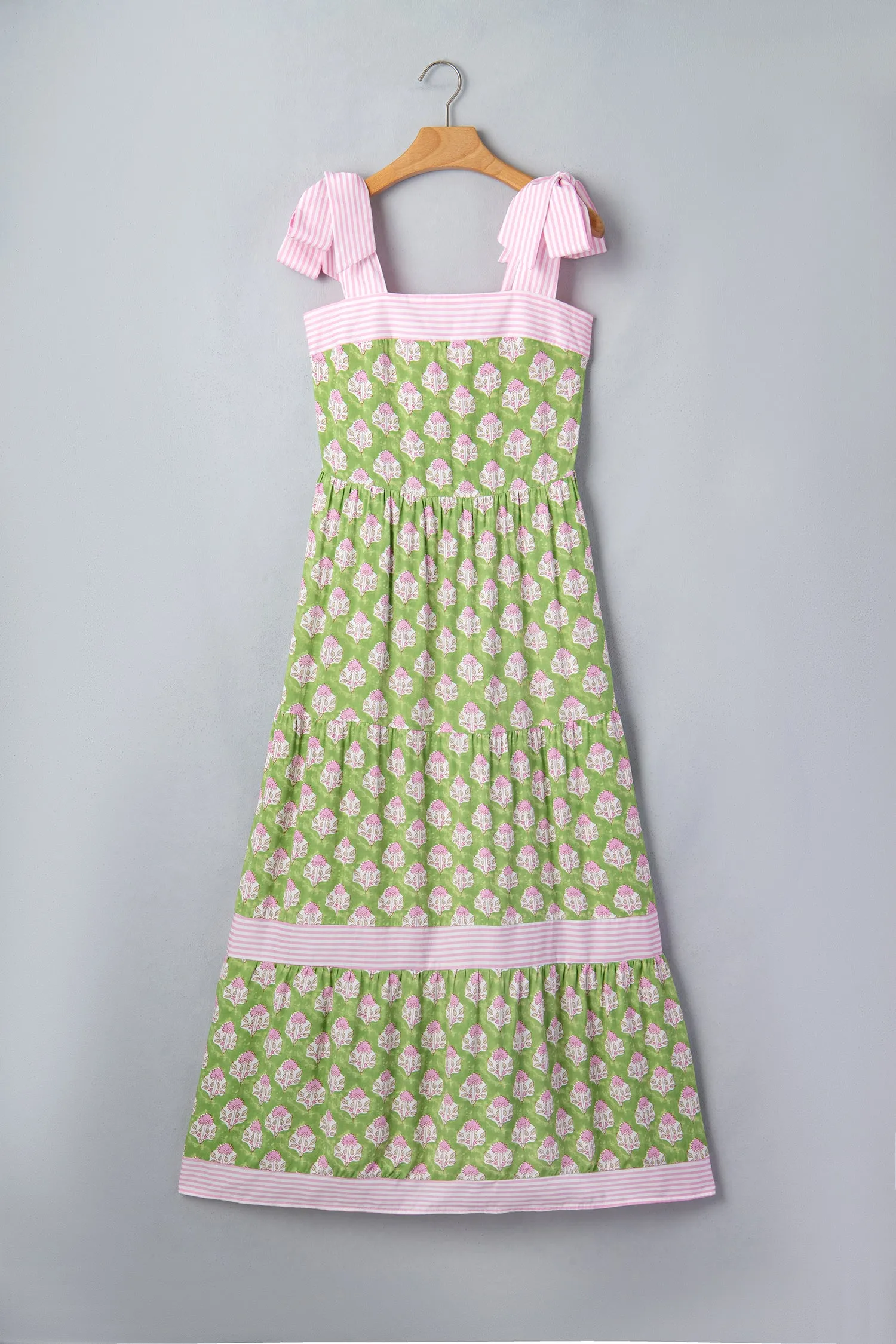 Floral Print Striped Knot Strap Maxi Dress – Green sold by Beagle Boutique