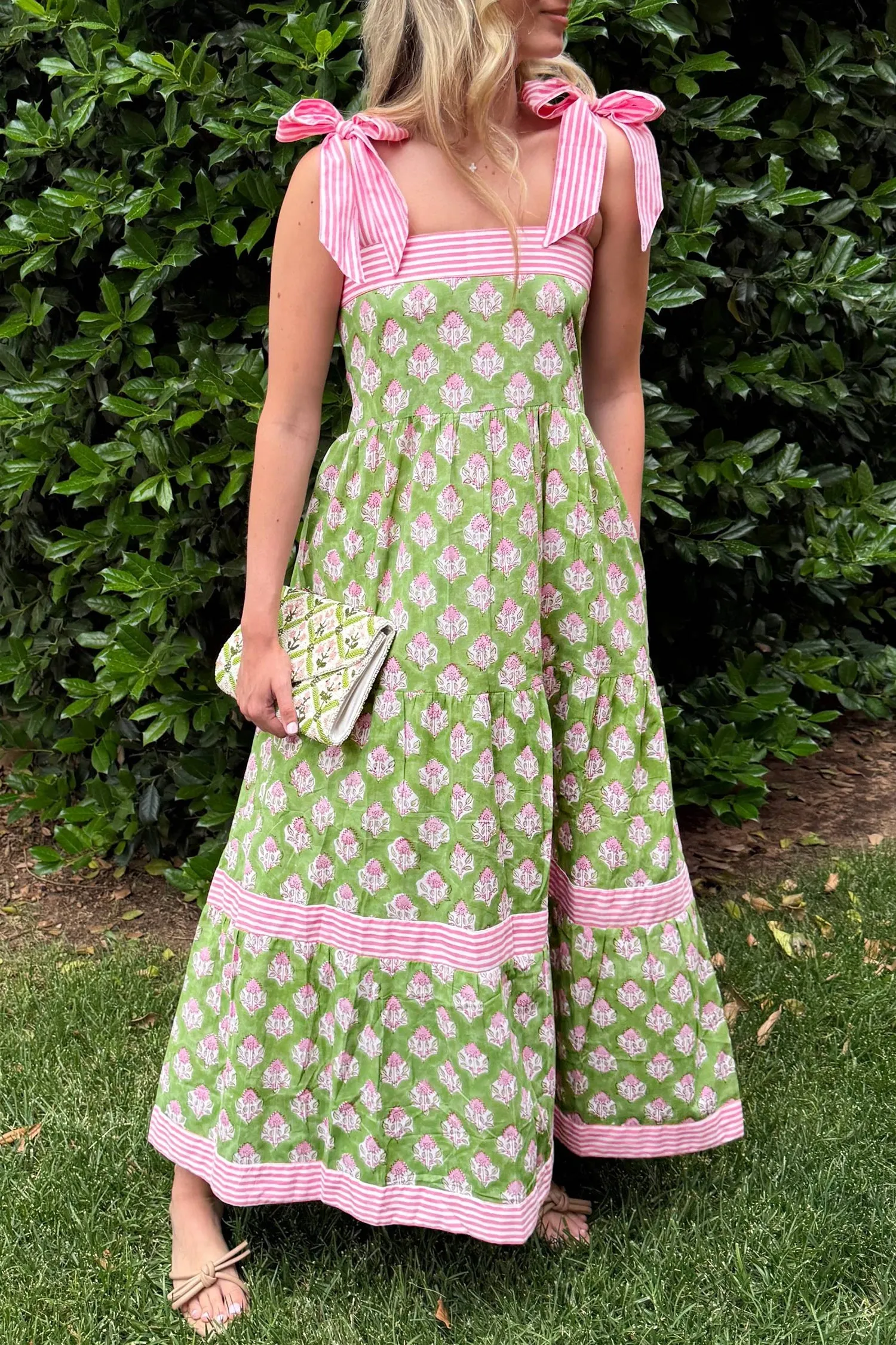 Floral Print Striped Knot Strap Maxi Dress – Green sold by Beagle Boutique product image thumbnail 2