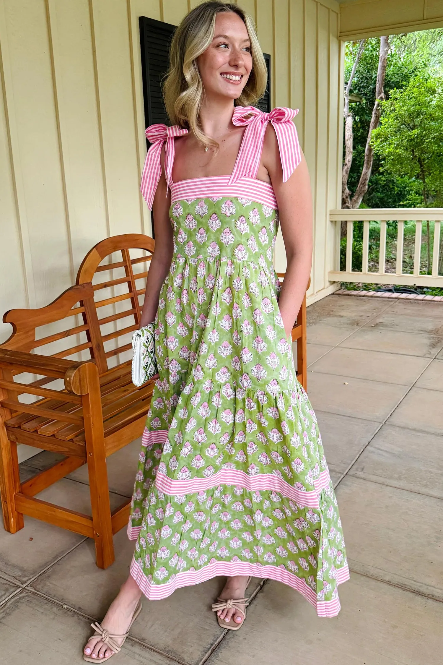 Floral Print Striped Knot Strap Maxi Dress – Green sold by Beagle Boutique product image thumbnail 4